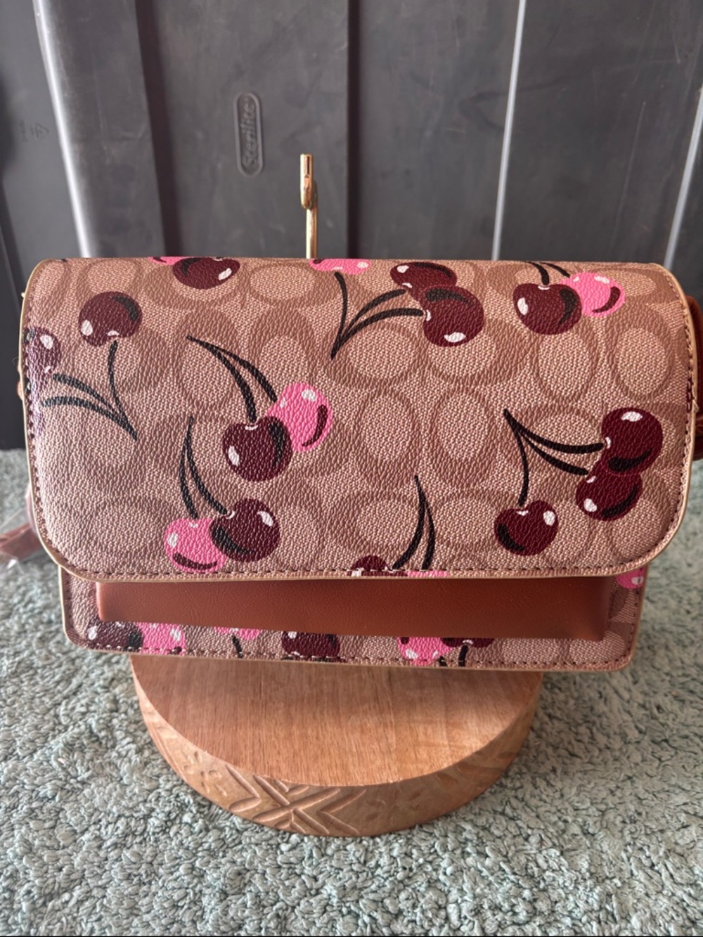 Cherry Print Brown Crossbody Bag with Pink Accents